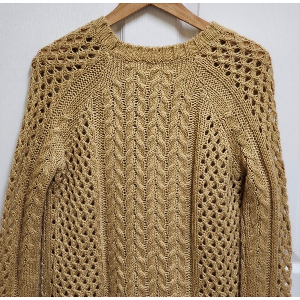 Pol Cable Open Knit Yellow Sweater Floral Lace Hem Raglan Sleeve Oversized S - Picture 4 of 13